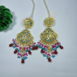 ALIRE JEWELS 24K Gold Plated Aqua & Ruby Kundan Chandbali Earrings with pearls and beads