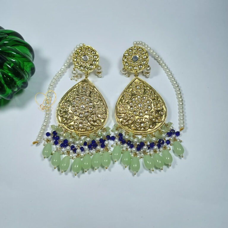 ALIRE JEWELS 24K Gold Plated Kundan Teardrop Chandbali Earrings with blue and green beads