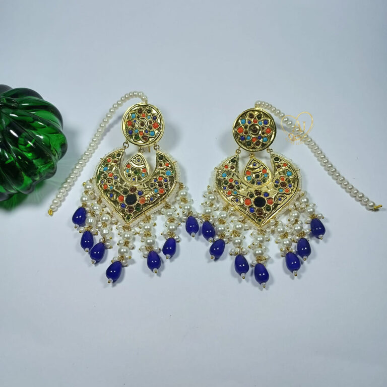 ALIRE JEWELS 24K Gold Plated Meenakari Kundan Chandbali Earrings with pearls and blue beads
