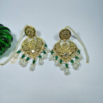 ALIRE JEWELS 24K Gold Plated Emerald Kundan Chandbali Earrings with pearls and green stones.