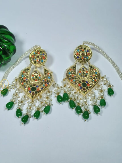 ALIRE JEWELS 24K Gold Plated Meenakari Kundan Chandbali Earrings with pearls and green beads