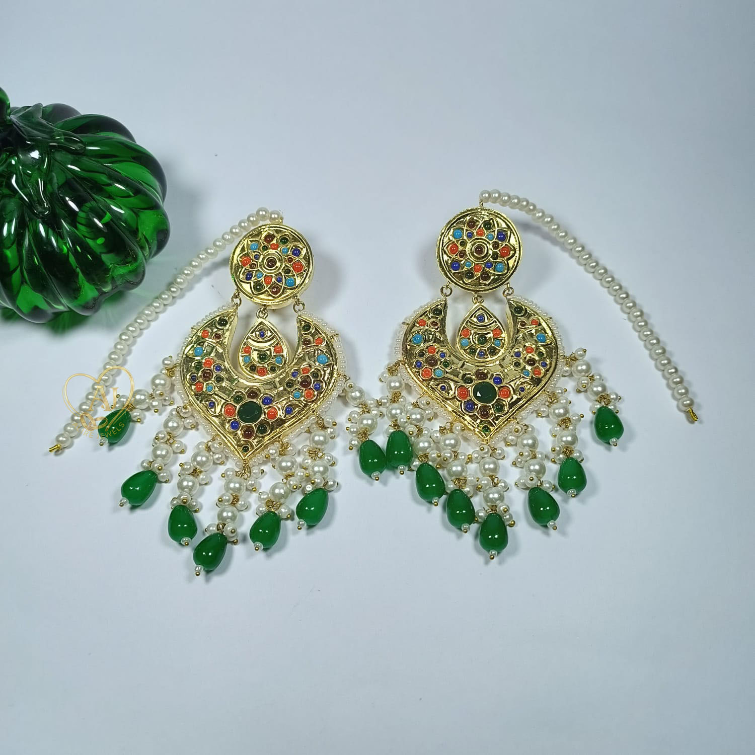 24 Karat Gold Plated Green Meena Jhumka new ALIRE JEWELS 24K Gold Plated Meenakari Kundan Chandbali Earrings with pearls and green beads