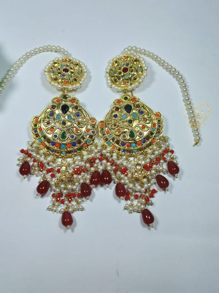 ALIRE JEWELS 24K Gold Plated Multicolor Kundan Royal Chandbali Earrings with pearls and red beads