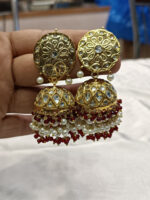 ALIRE JEWELS 24K Gold Plated Kundan Jhumka Earrings with pearls and red beads.