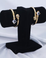 Dual zircon open bangle bracelet for women Luxury zircon gold open bracelet adjustable fit Square cut zircon and round cluster bracelet design