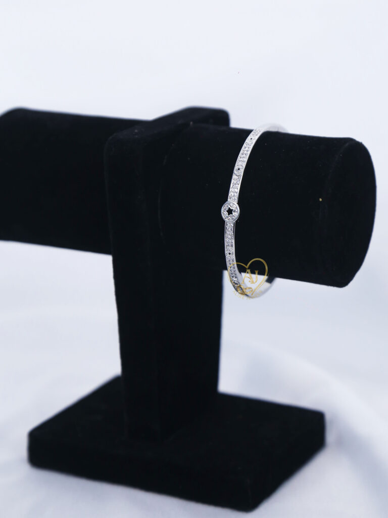 ilver zircon circle charm bangle bracelet Minimal zircon slim silver bracelet for women Elegant zircon bangle daily wear and party wear