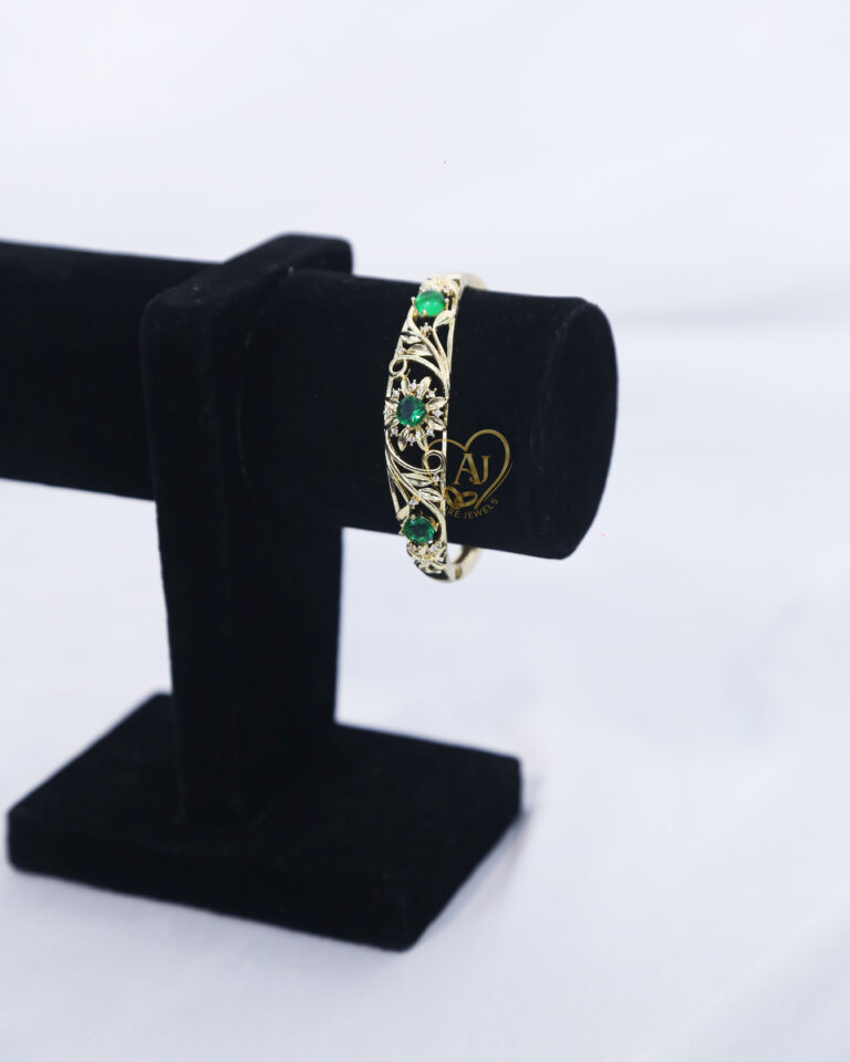Floral emerald zircon bangle for women Traditional gold finish bangle with green zircon Luxury floral design zircon bracelet