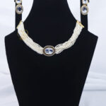 Pearl strand choker necklace with blue zircon Multi-strand pearl bridal choker set Luxury pearl and blue stone choker with earrings