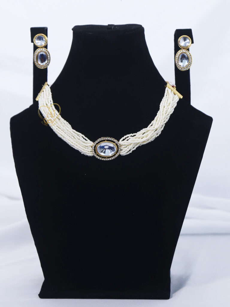 Pearl strand choker necklace with blue zircon Multi-strand pearl bridal choker set Luxury pearl and blue stone choker with earrings