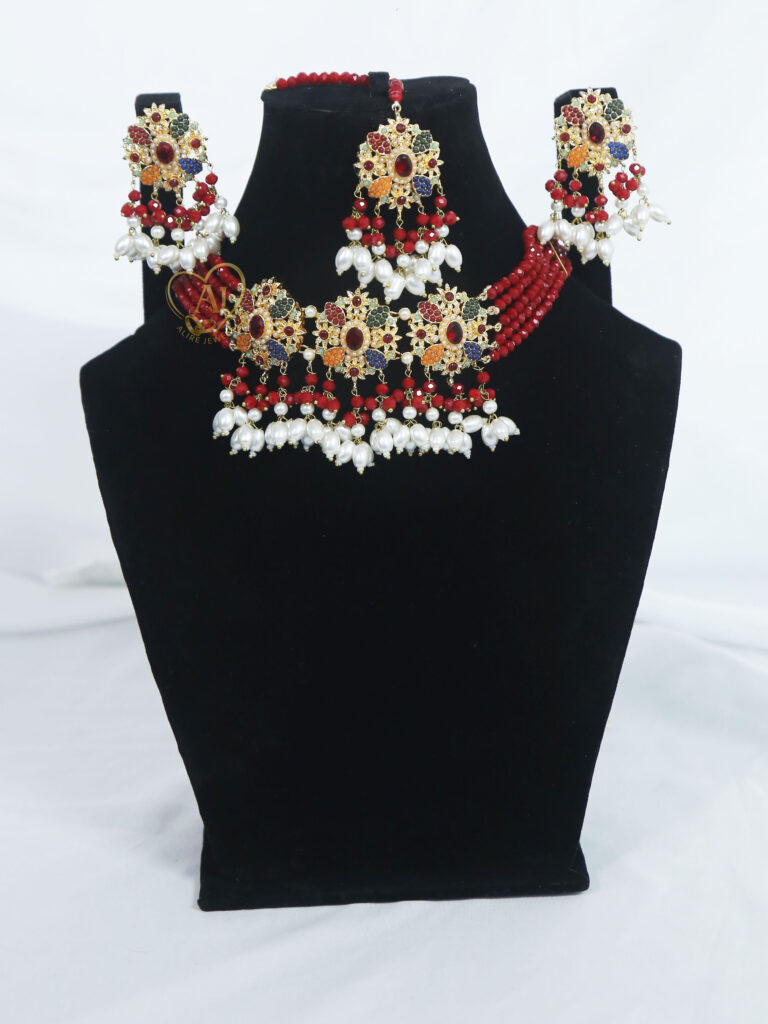 Traditional multicolor kundan choker with pearls Bridal kundan necklace with tikka and earrings Heritage kundan jewelry set for brides