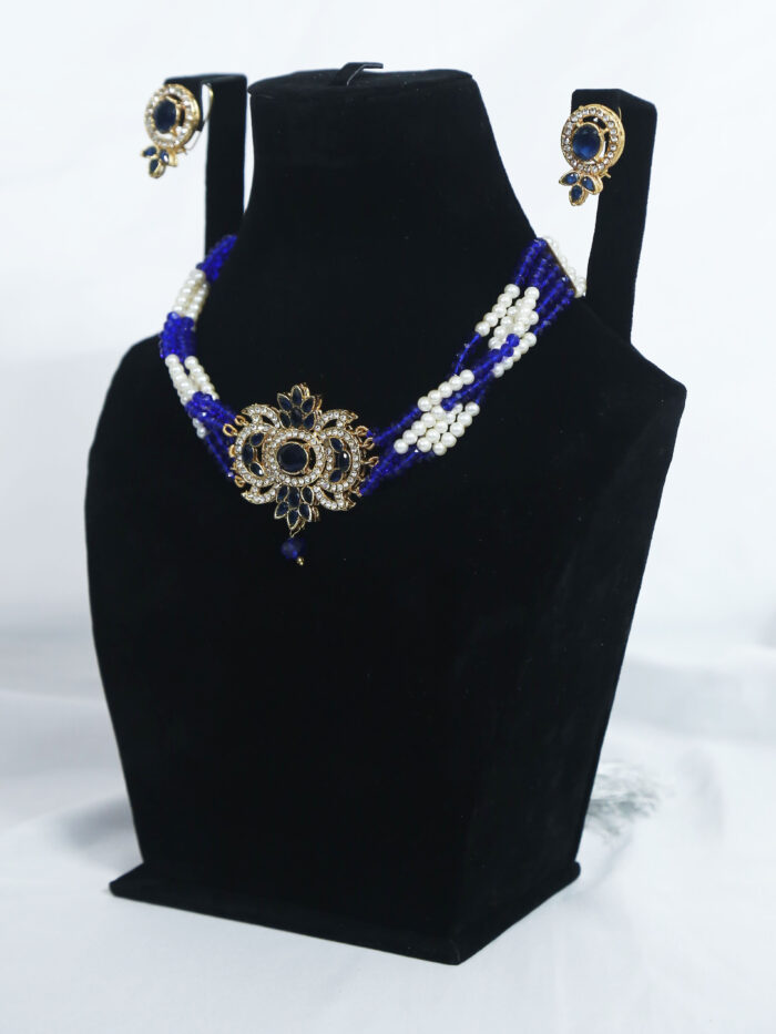 Blue & White Beaded Choker Set with Sapphire Zircon - Image 2