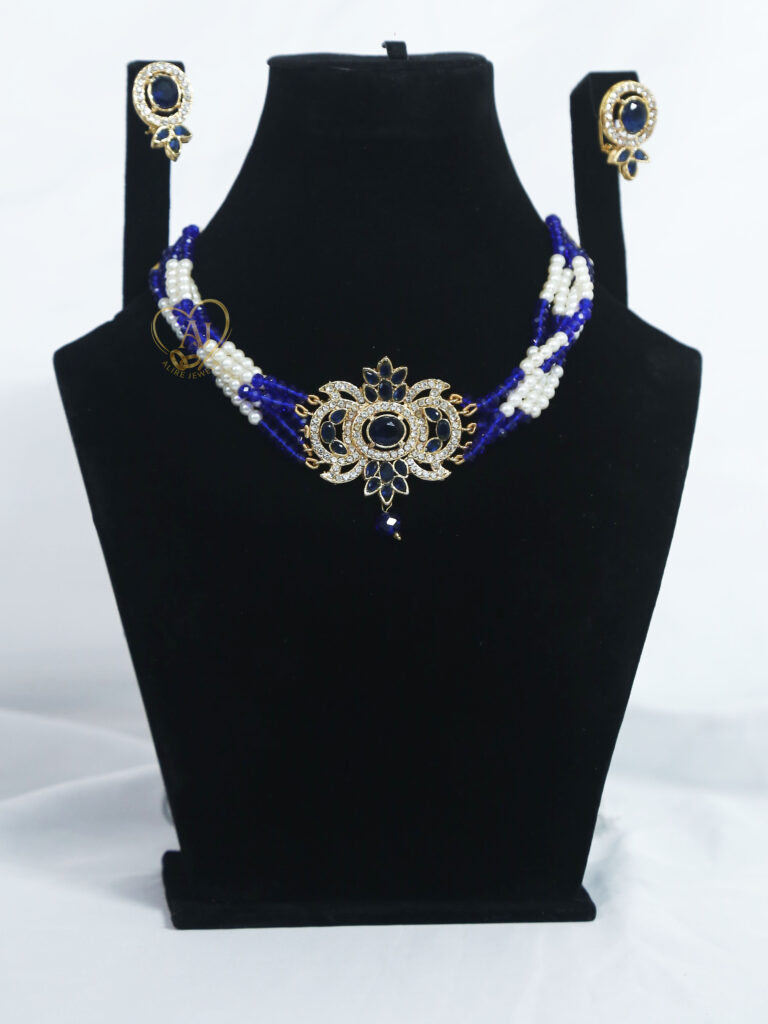 Blue and white beaded choker with sapphire zircon centerpiece Royal sapphire zircon choker necklace with earrings Luxury beaded bridal choker set with stones