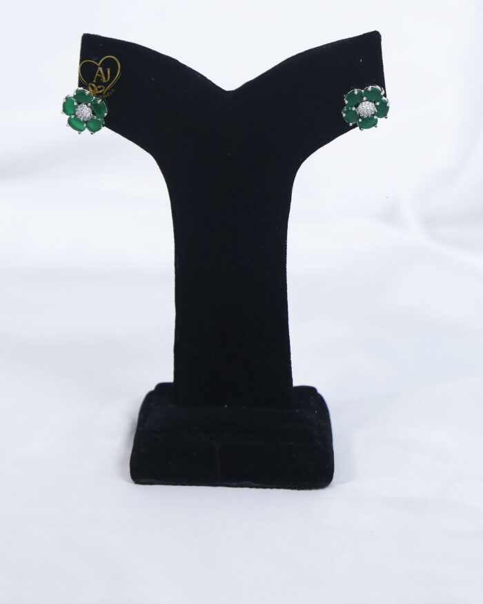 Emerald green floral zircon stud earrings Green stone flower earrings with zircon center Elegant emerald gemstone stud earrings