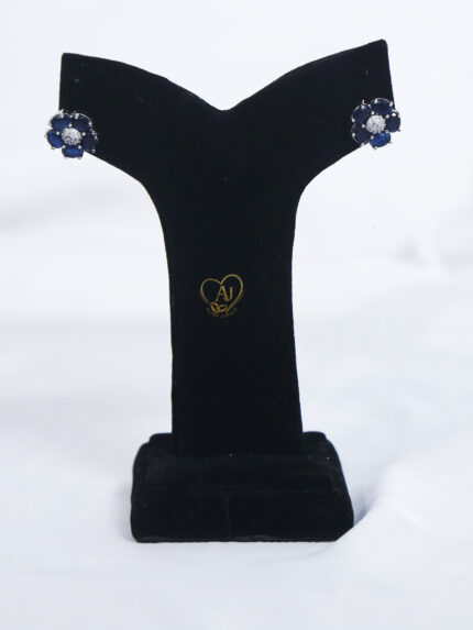 Navy blue floral zircon stud earrings Blue gemstone flower stud earrings with zircon Elegant navy blue stone stud earrings for women