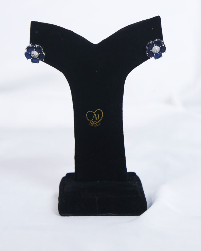 Navy blue floral zircon stud earrings Blue gemstone flower stud earrings with zircon Elegant navy blue stone stud earrings for women
