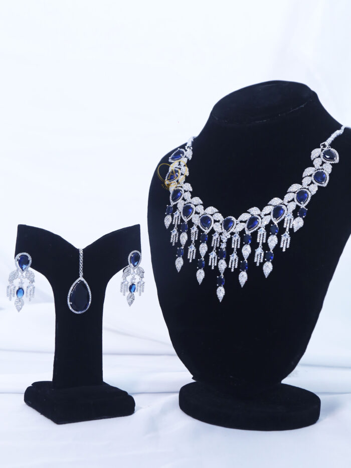 ALIRE JEWELS Blue Sapphire Inspired Necklace Set with silver plating and matching earrings