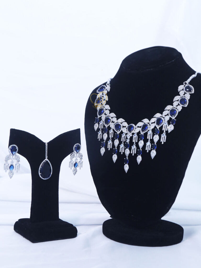 ALIRE JEWELS Blue Sapphire Inspired Necklace Set with silver plating and matching earrings