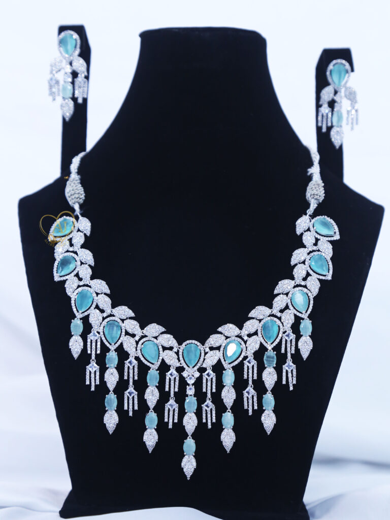 ALIRE JEWELS Mint Green Stone Necklace Set with silver plated detailing and matching earrings