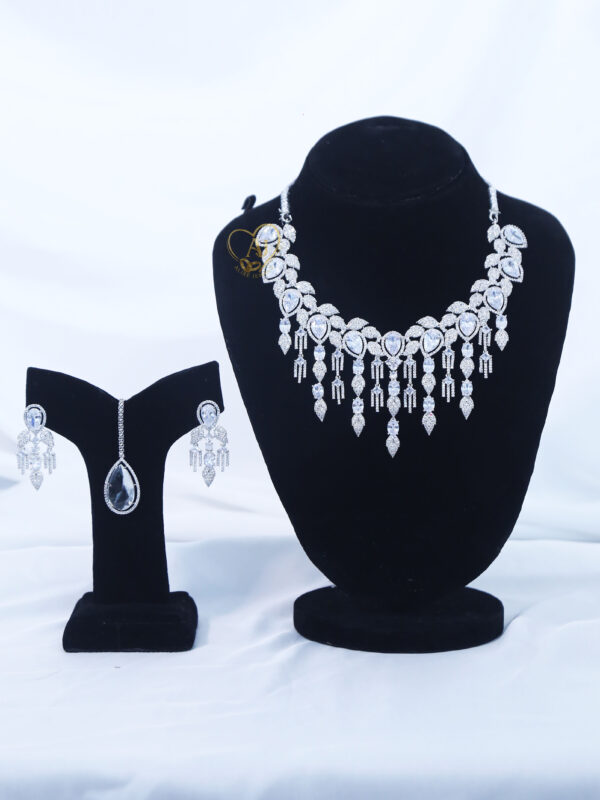 ALIRE JEWELS White Crystal Stone Necklace Set with silver plated detailing and matching earrings