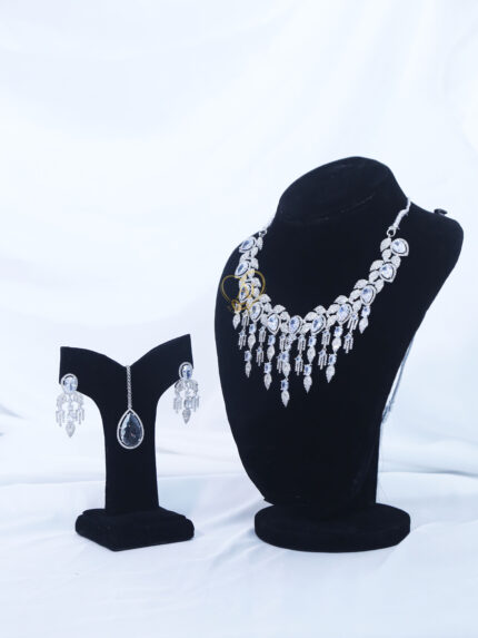 ALIRE JEWELS White Crystal Stone Necklace Set with silver plated detailing and matching earrings