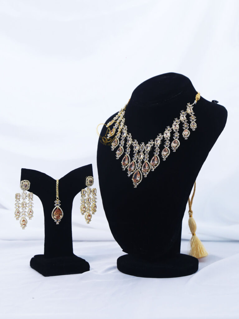 ALIRE JEWELS Golden Champagne Stone Necklace Set with gold plated detailing and matching earrings