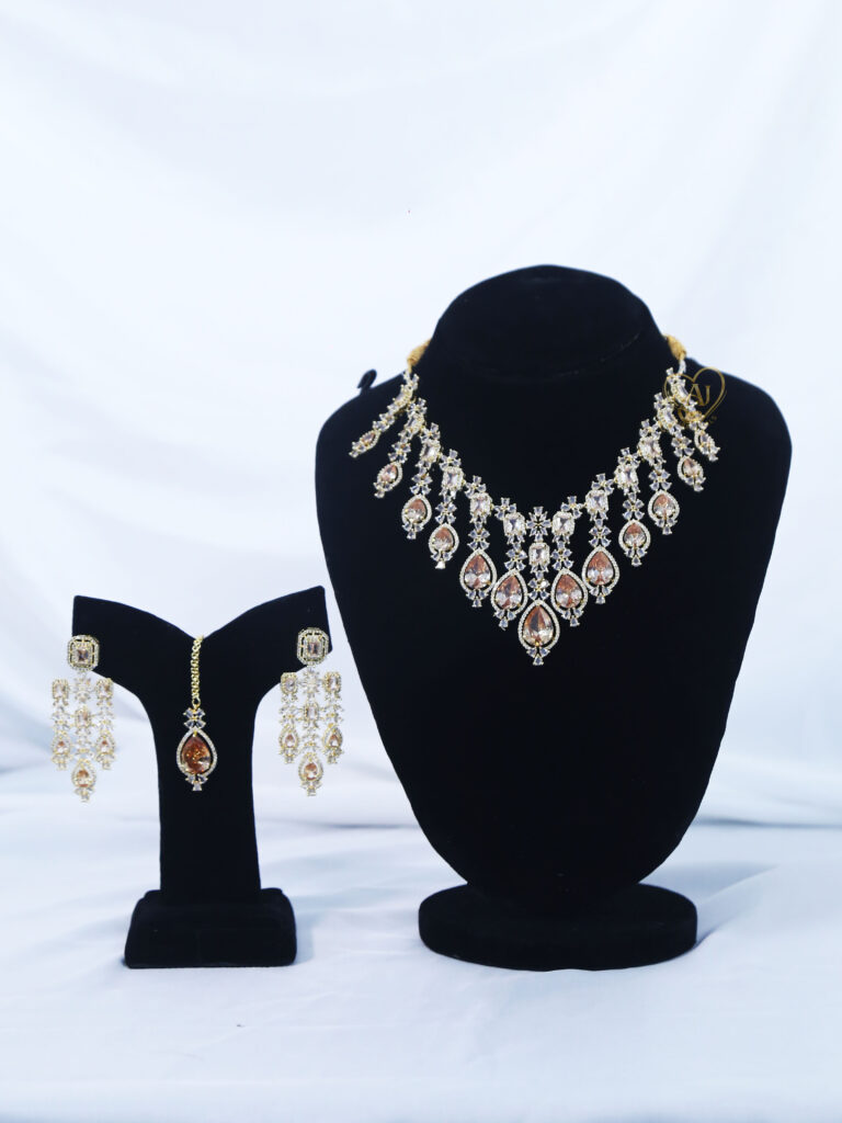 ALIRE JEWELS Golden Champagne Stone Necklace Set with gold plated detailing and matching earrings