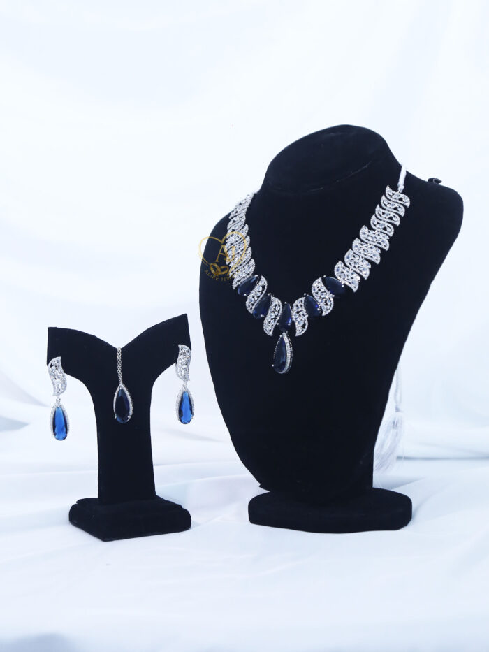 ALIRE JEWELS Bold Blue Tear Drop Stone Necklace Set with silver plated detailing and matching earrings