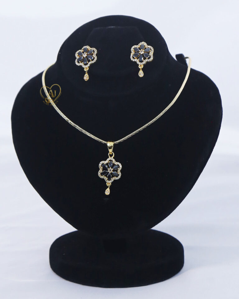 Midnight Bloom Zircon Pendant & Earrings Set – Floral Jewelry Gold plated zircon flower necklace and earrings set Lightweight zircon jewelry with anti-tarnish warranty