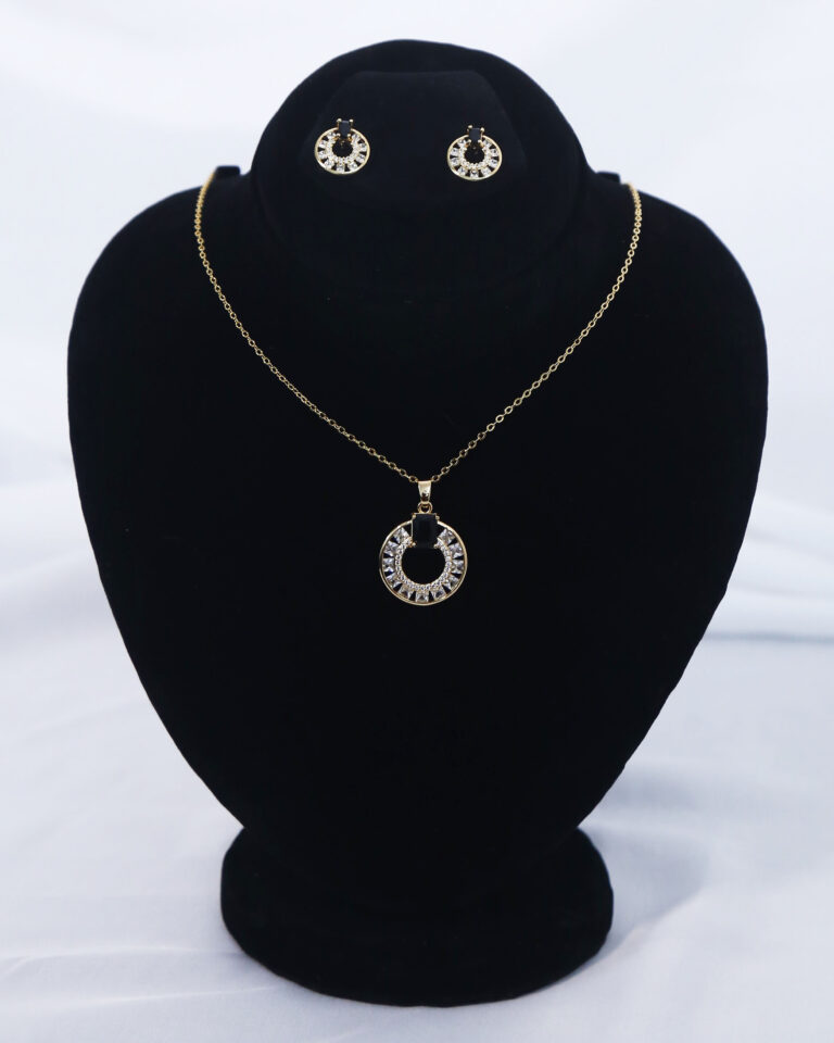 Eclipse Halo Zircon Pendant & Earrings Set – Bold Halo Jewelry Gold plated zircon halo necklace and earrings with statement centerpiece Luxury zircon jewelry set with anti-tarnish guarantee