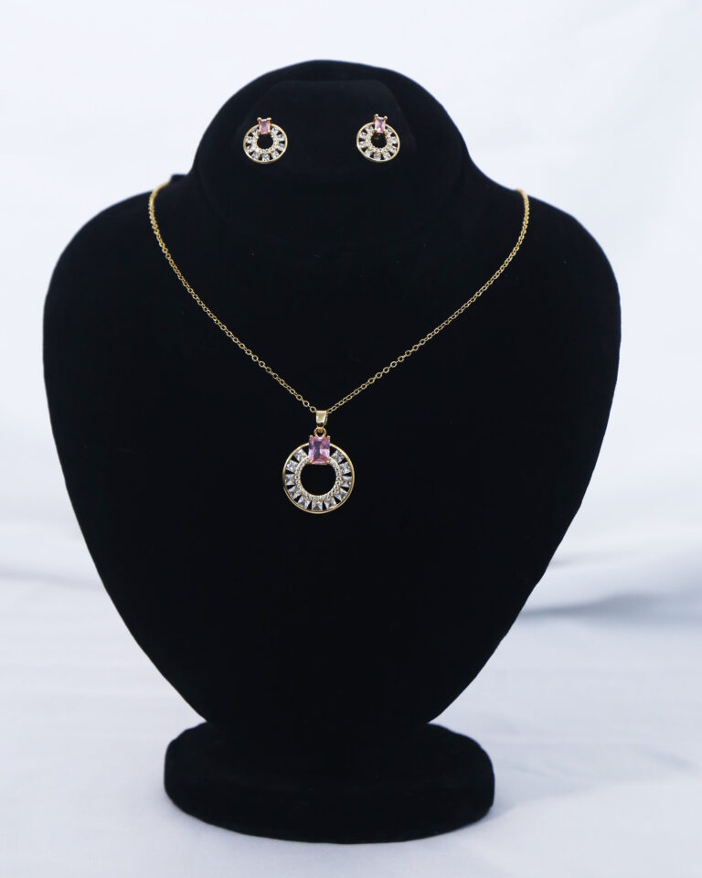 Lunar Halo Zircon Pendant & Earrings Set – Circular Halo Jewelry Gold plated zircon circle necklace with matching earrings Lightweight zircon halo jewelry set with anti-tarnish guarantee