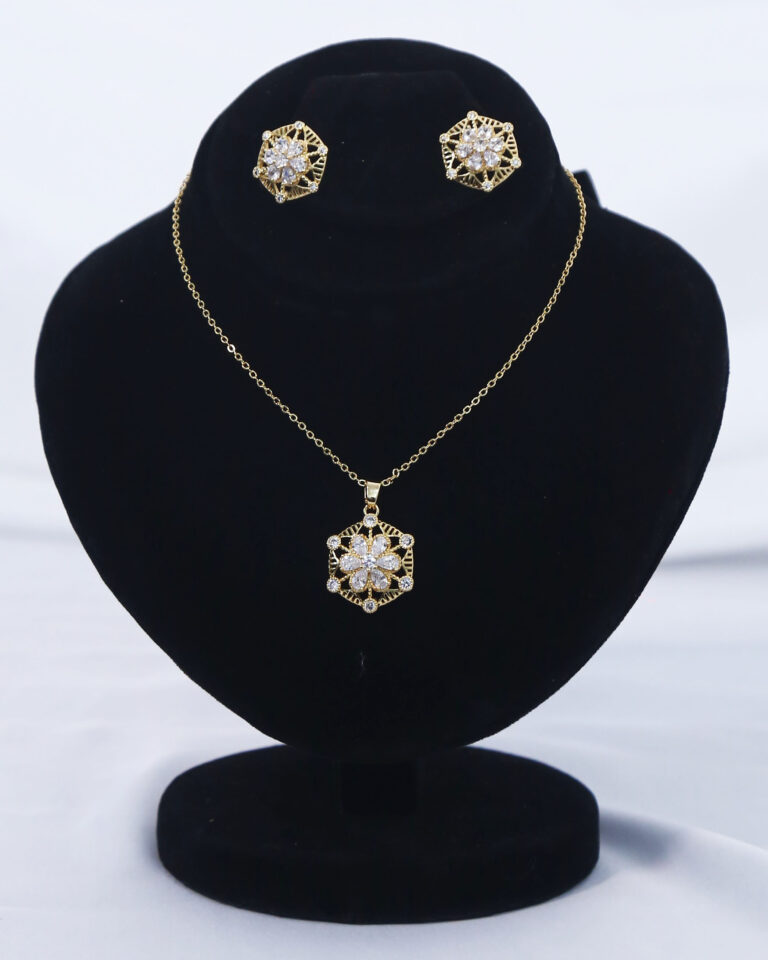 Celestial Bloom Zircon Pendant & Earrings Set – Floral Gold Plated Jewelry Hexagonal floral zircon necklace and earrings set for women Modern lightweight zircon jewelry with anti-tarnish warranty