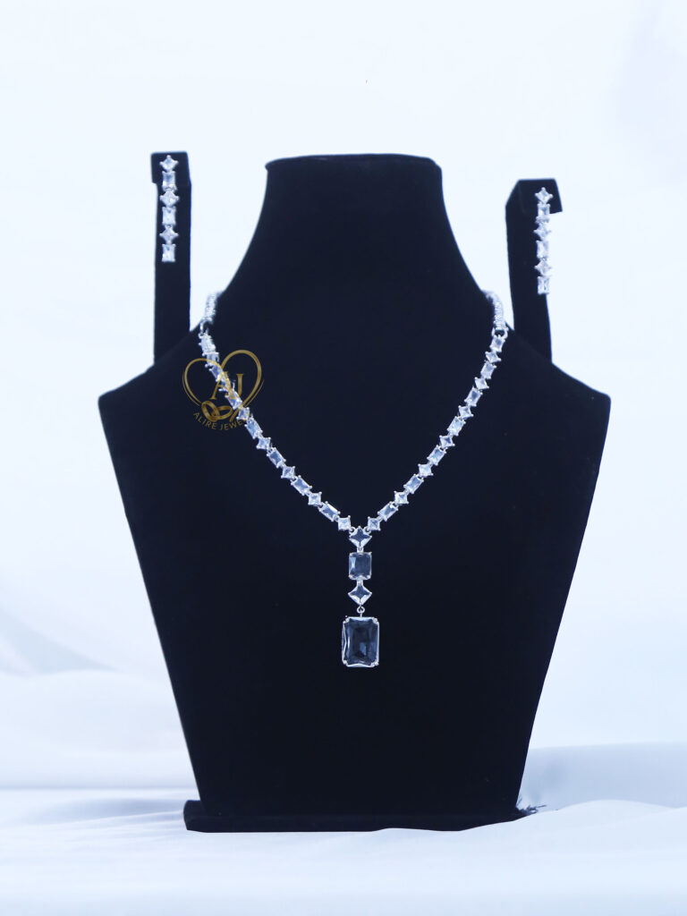 ALIRE JEWELS Rectangular Black Stone Necklace Set with silver plated chain and matching earrings