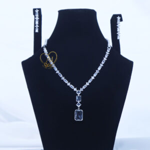 ALIRE JEWELS Rectangular Black Stone Necklace Set with silver plated chain and matching earrings