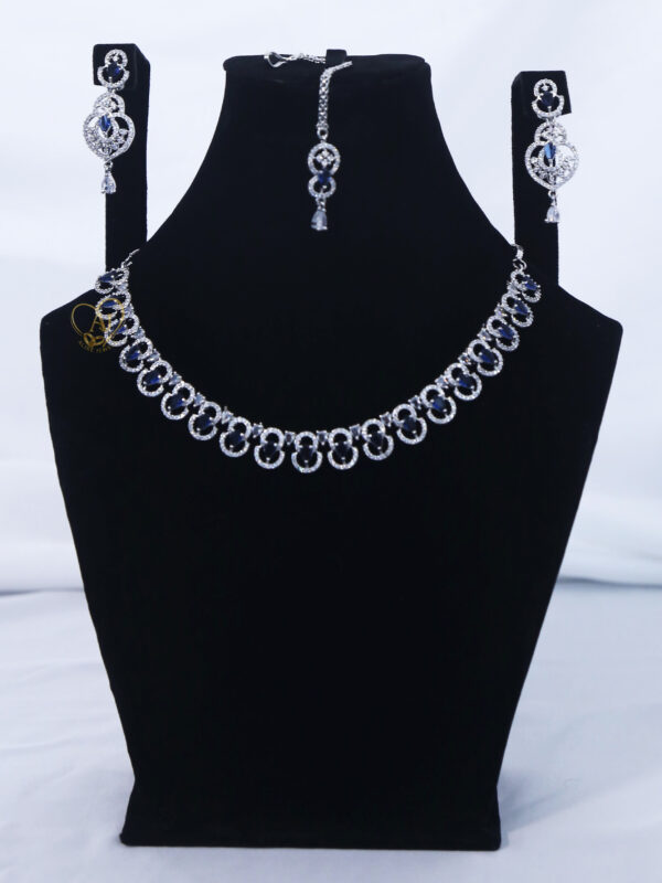 ALIRE JEWELS Royal Blue Circle Stone Necklace Set with silver plating, matching earrings and maang tikka