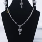 ALIRE JEWELS Regal White Crystal Necklace Set with silver plating, matching earrings and maang tikka