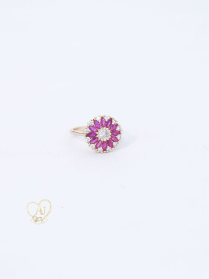 Gold plated ruby floral zircon ring Red stone flower design zircon ring Elegant ruby zircon cocktail ring for women