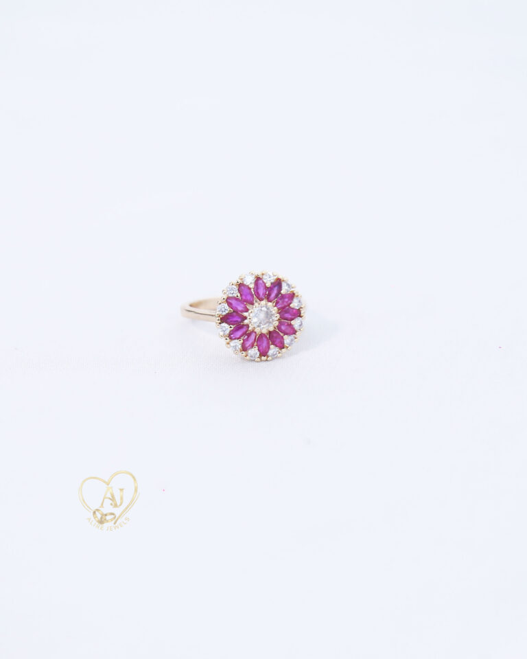 Gold plated ruby floral zircon ring Red stone flower design zircon ring Elegant ruby zircon cocktail ring for women