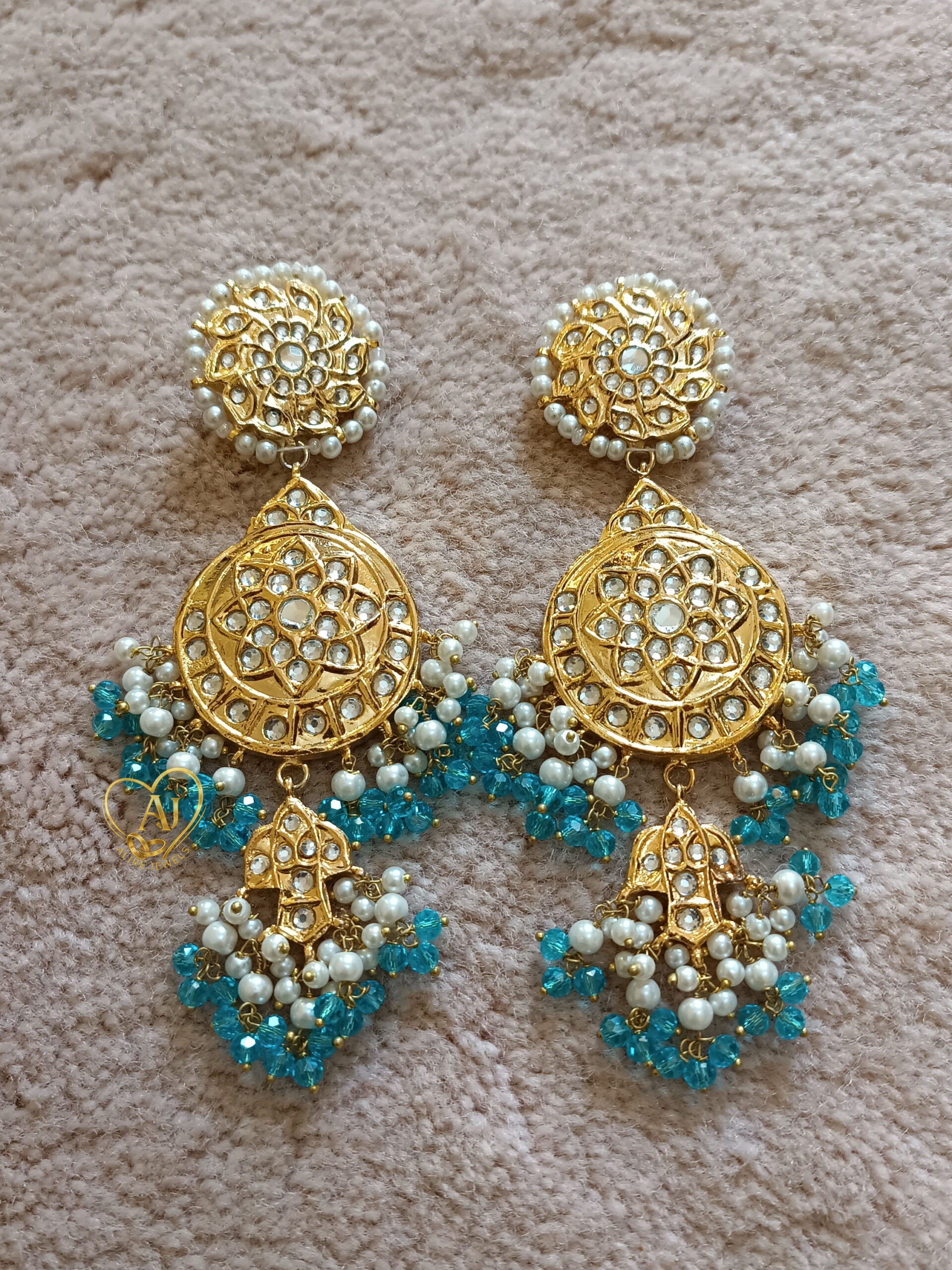 img-6A Chandbali Kundan Earrings 24K Gold Plated – Aqua Blue & Pearl Work - Image 1