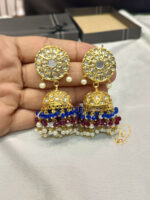 Kundan Jhumka Earrings 24K Gold Plated – Red, Blue & Pearl Beads