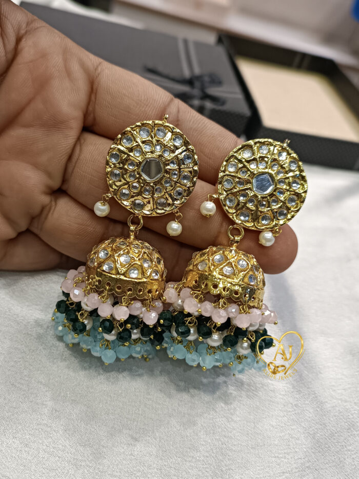 Kundan Jhumka Earrings 24K Gold Plated – Red, Blue & Pearl Beads - Image 4