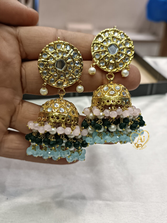 Kundan Jhumka Earrings 24K Gold Plated – Red, Blue & Pearl Beads - Image 3