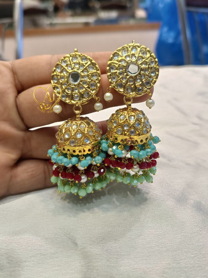 Kundan Jhumka Earrings 24K Gold Plated – Red, Blue & Pearl Beads - Image 2