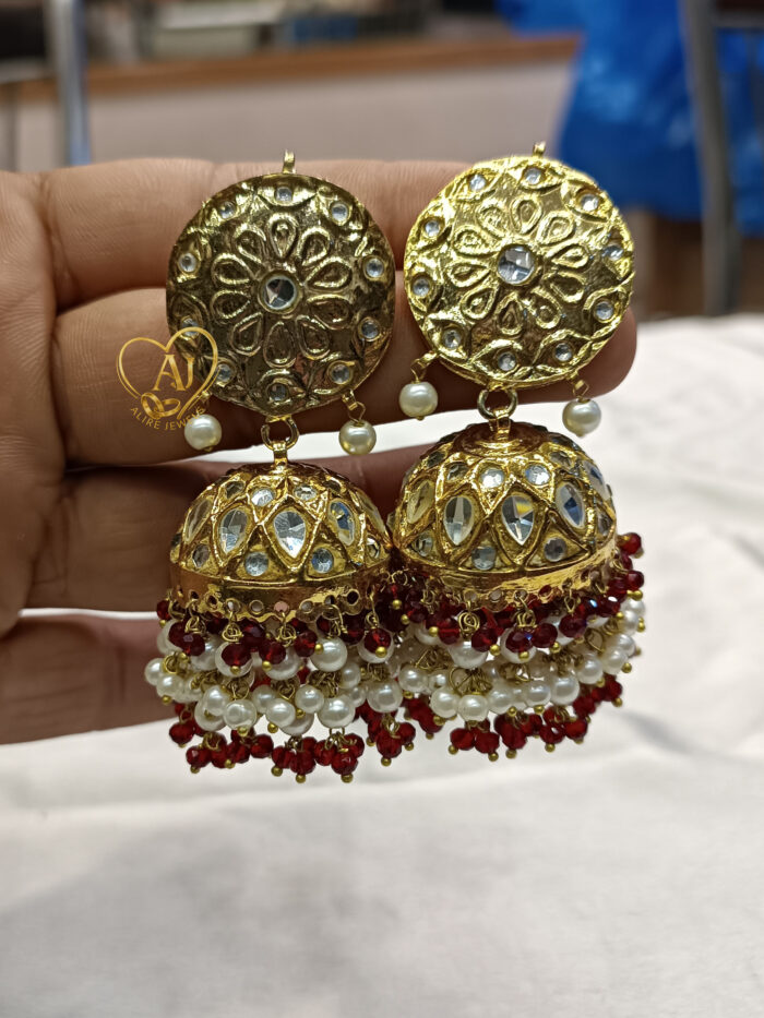 Kundan Jhumka Earrings 24K Gold Plated – Green, Red & Pearl Beads - Image 2