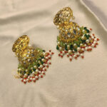 Kundan Jhumka Earrings 24K Gold Plated – Green, Red & Pearl Beads - Image 3
