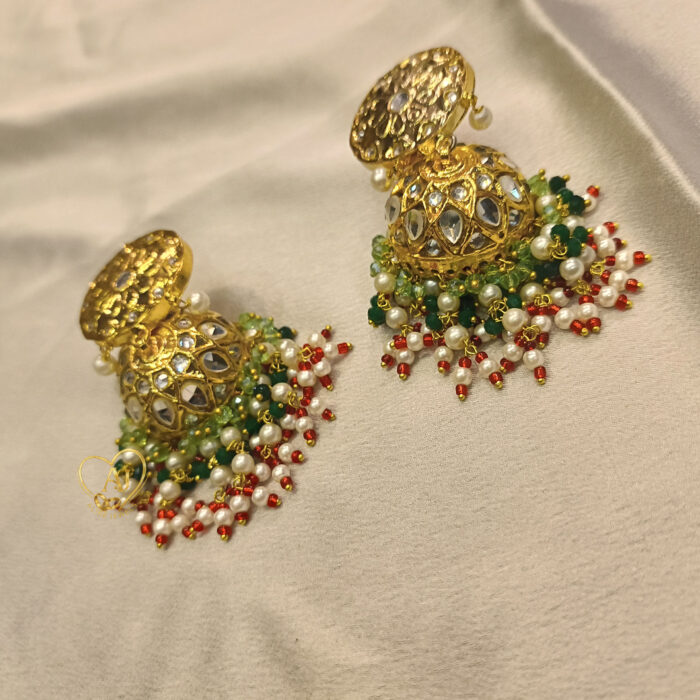 Kundan Jhumka Earrings 24K Gold Plated – Green, Red & Pearl Beads - Image 3
