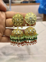 Kundan Jhumka Earrings 24K Gold Plated – Green, Red & Pearl Beads
