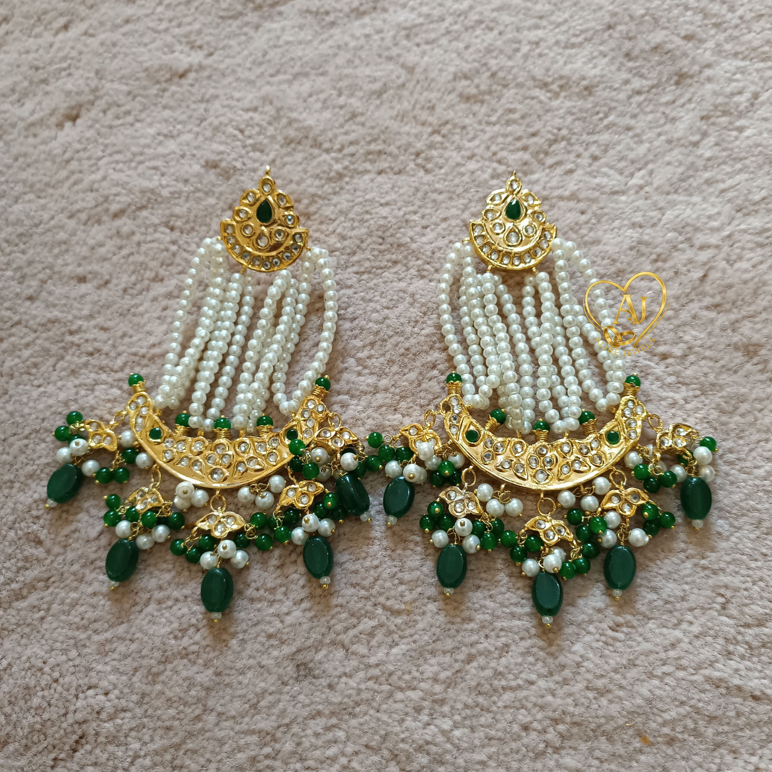 img-A15 Kundan Chandbali Earrings 24K Gold Plated – Pearl Strings & Green Stones - Image 1
