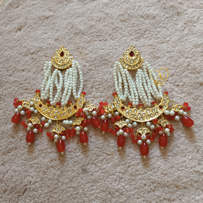 Kundan Chandbali Earrings 24K Gold Plated – Pearl Strings & Green Stones - Image 2