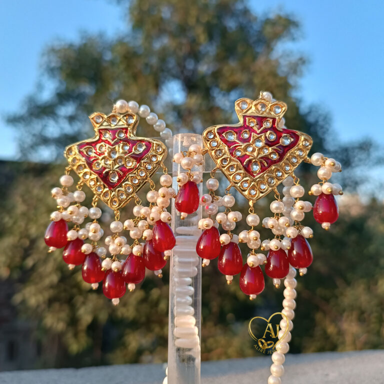 Regal Teardrop Kundan Earrings – 24K Gold Plated with Pearls. Luxury kundan earrings with teardrop design and cluster pearls. Traditional bridal kundan earrings with anti-tarnish guarantee