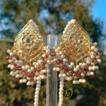 Majestic Teardrop Kundan Earrings – 24K Gold Plated with Pearl Clusters. Luxury kundan earrings with dangling pearl strings and handcrafted detailing